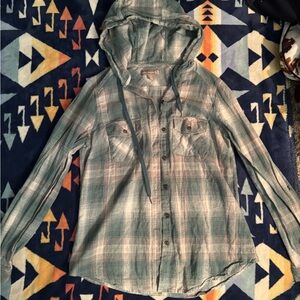 Plaid Button Down Hooded Shirt - Blue